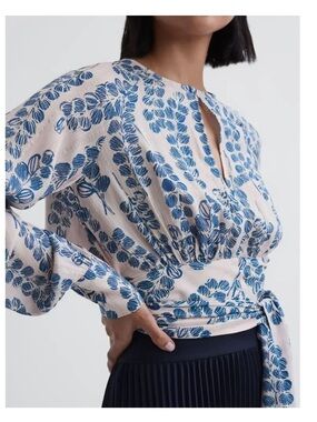 Reiss Cream Blouse with Blue Leaf Print and Tie Waist